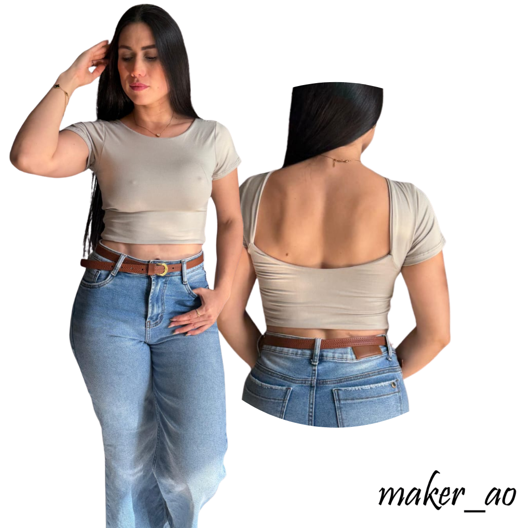 Crop Top de Mangas con Escote en la Espalda