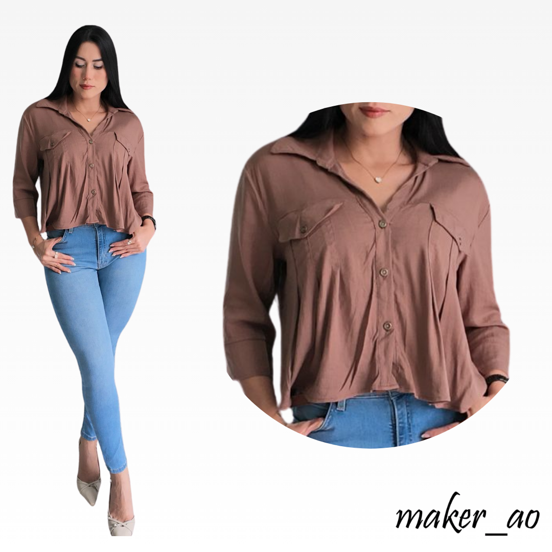 Cami Crop Mangas 3/4 Tela Lino